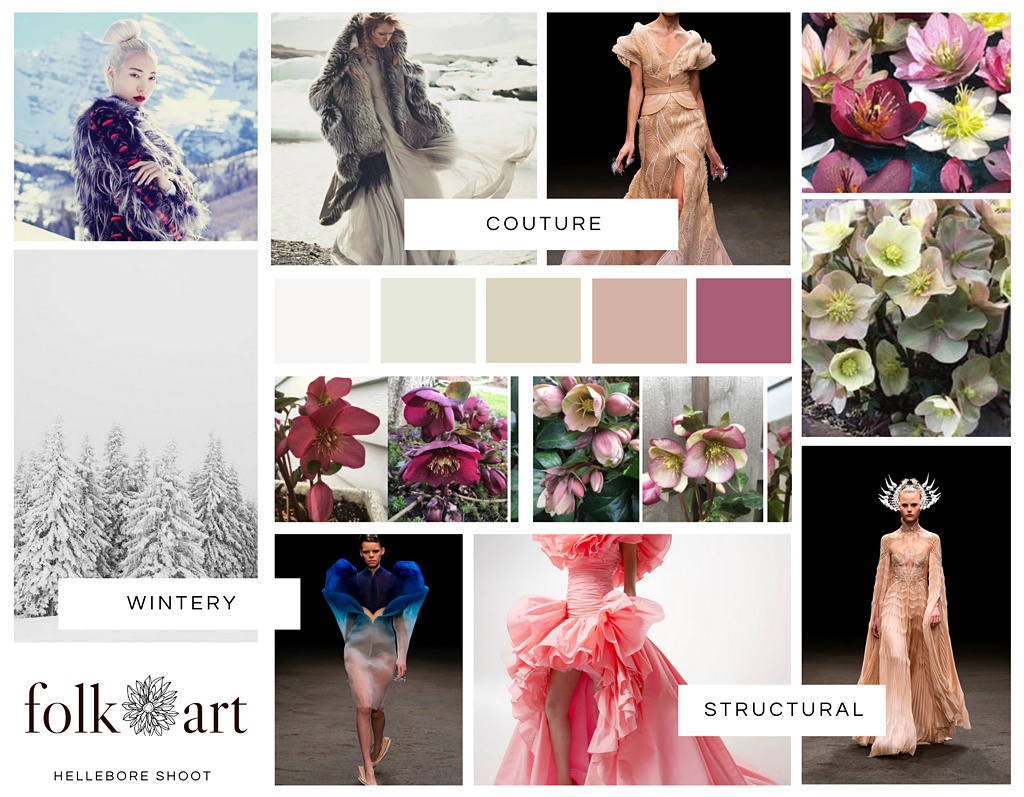 Mood board with couture flower and fashion inspiration for the flower dress