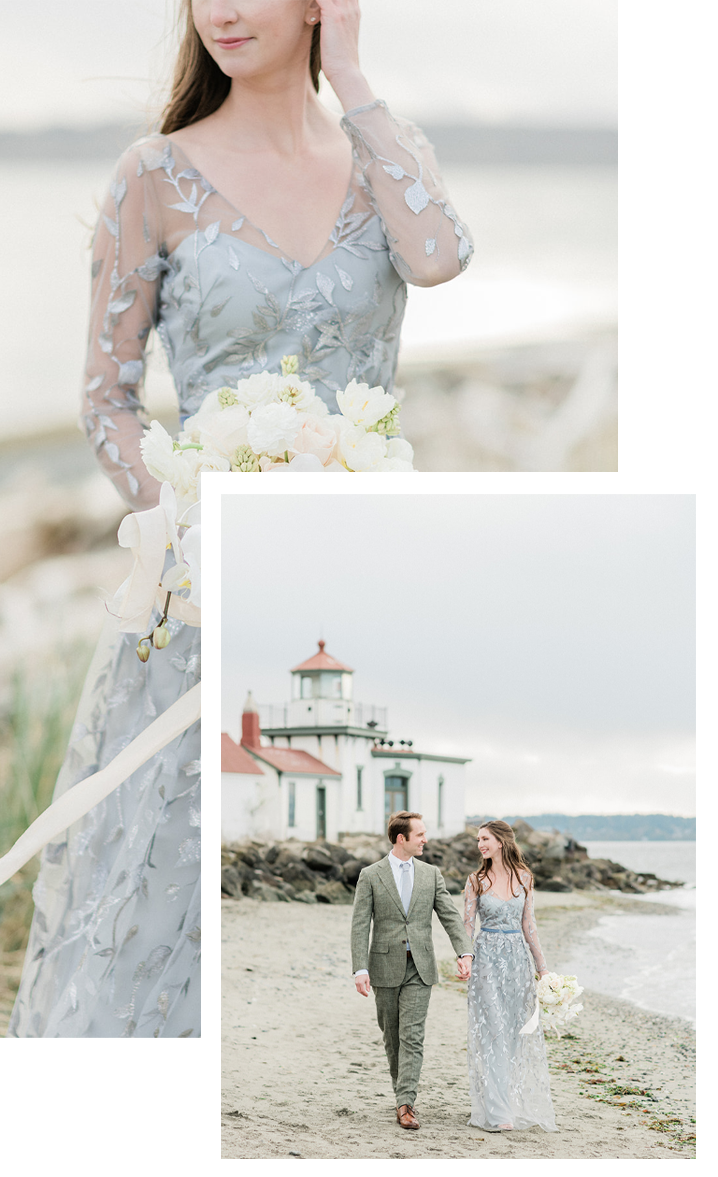 Destination wedding flowers photo collage with couple walking on beach by a lighthouse