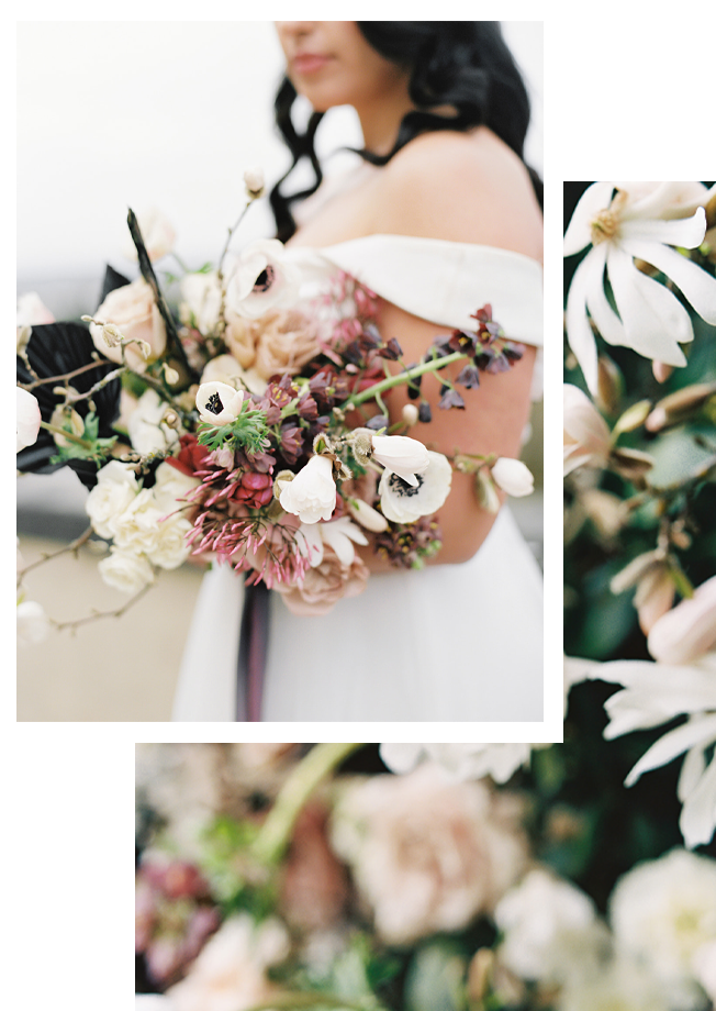 Wedding floral design example image collage with spring bridal bouquet and ceremony flowers