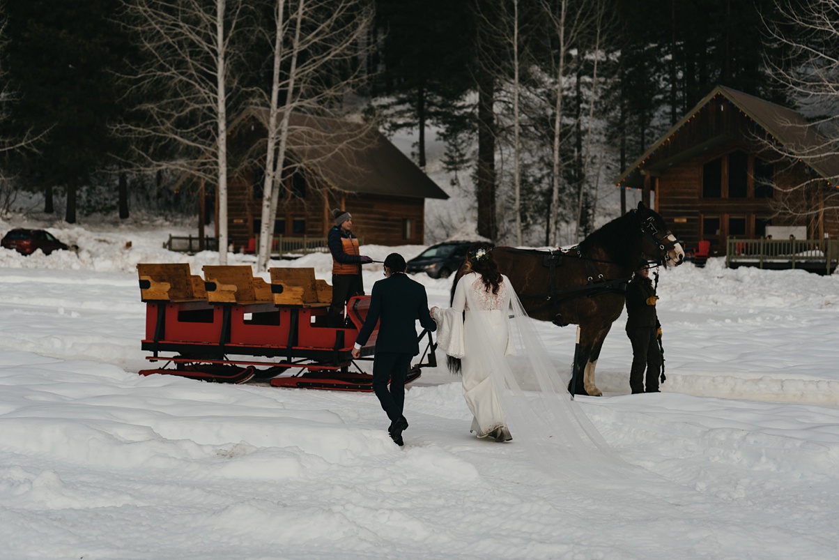 The couple exiting their wedding ceremony towards a horse-drawn sleigh at Mountain Springs Lodge