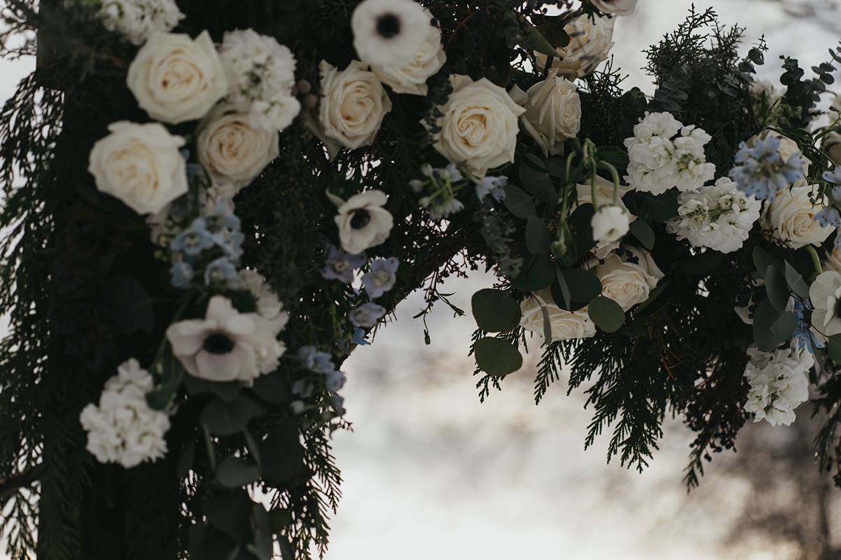 Close-up details of wedding flower arch