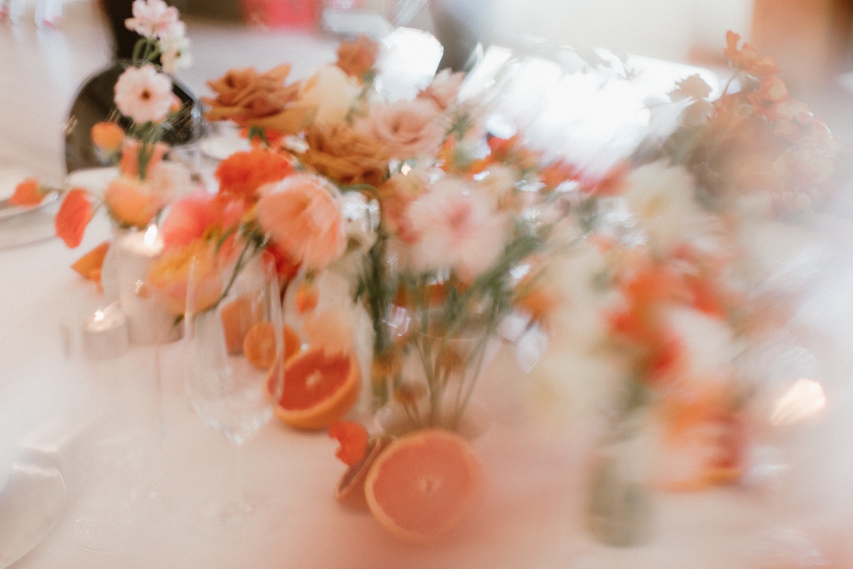 A blurry, artistic shot of the Block 41 head table flowers