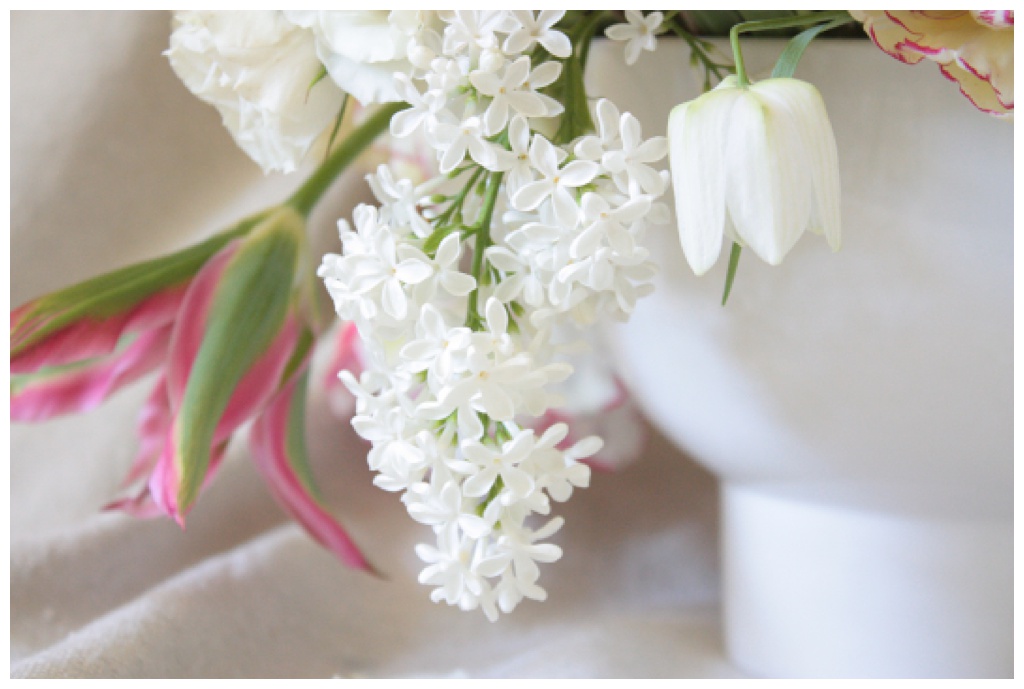 White lilac sits in a vase with other delicate spring blooms