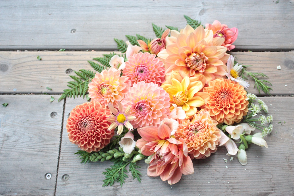 A dahlia palette with peach, pink, and yellow dahlias as well as other July foliages and textures