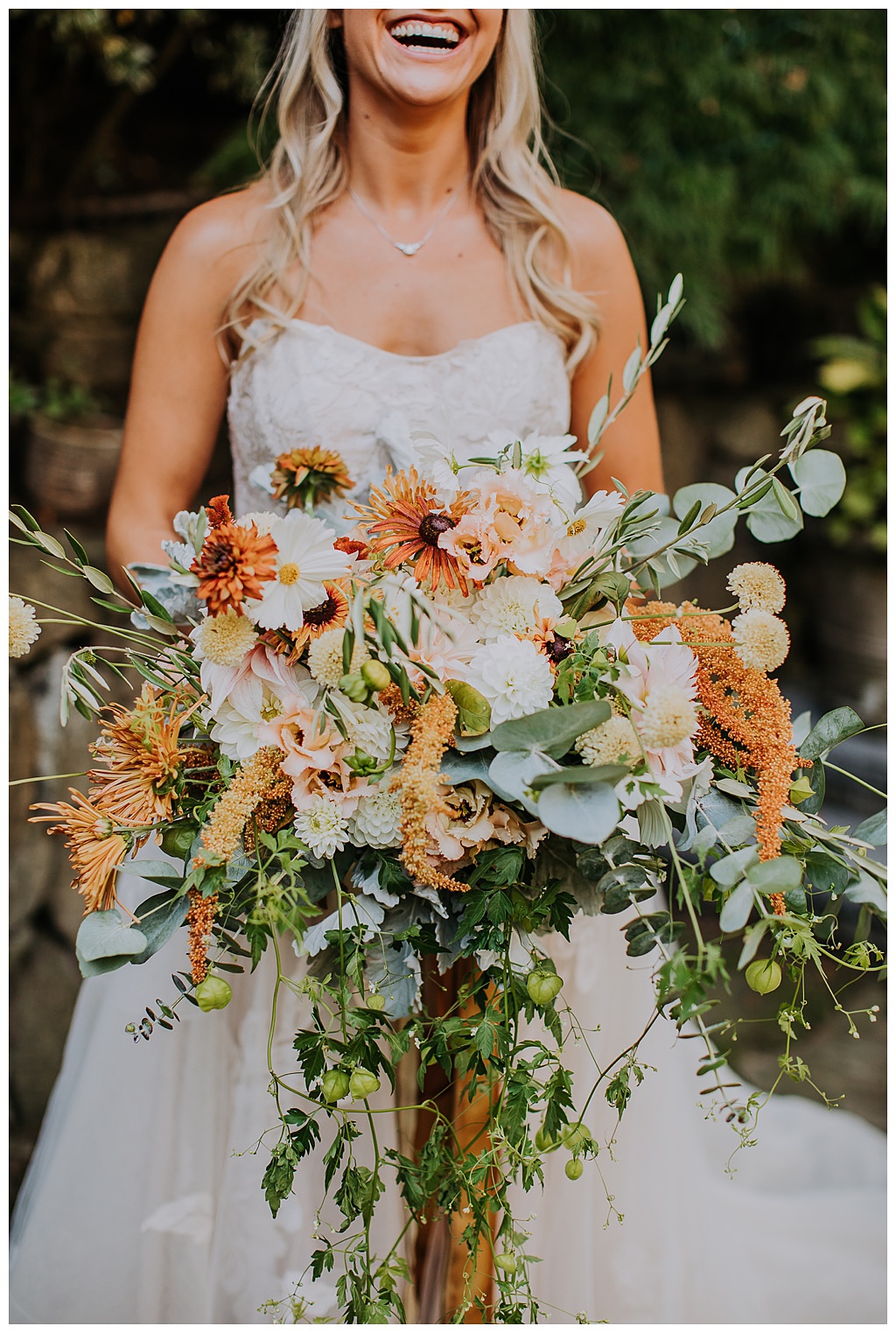 A view of the cascading wedding bouquet