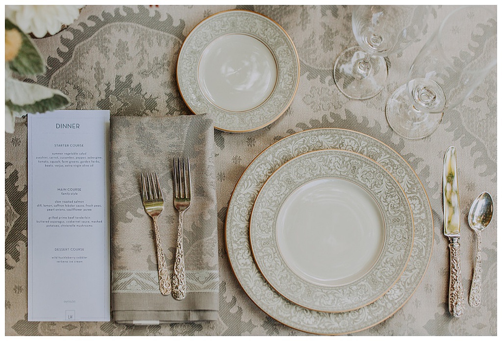 the neutral patterned place settings added sophistication to this fall wedding