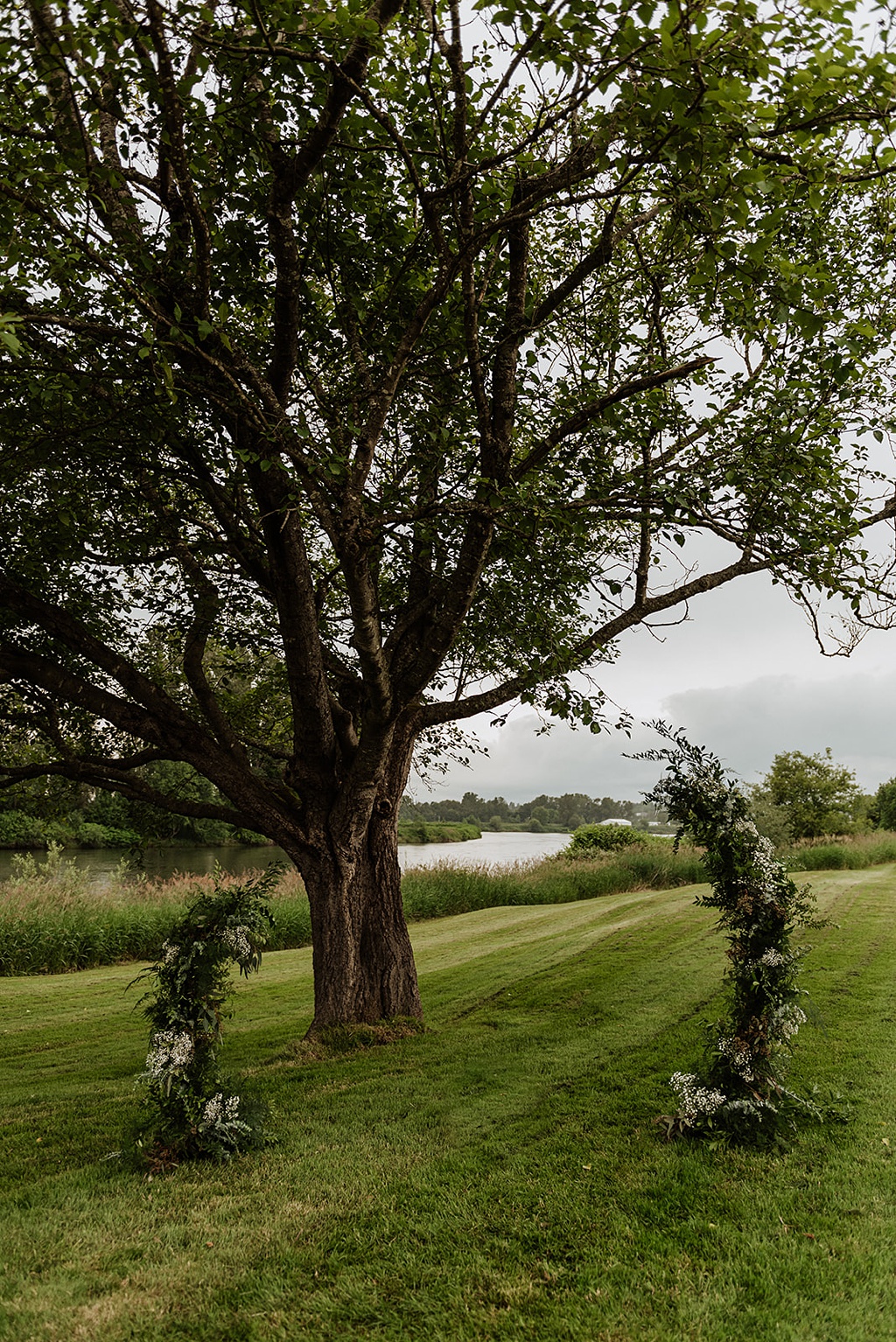 The ceremony arch set up in front of a large tree at Pemberton Farm