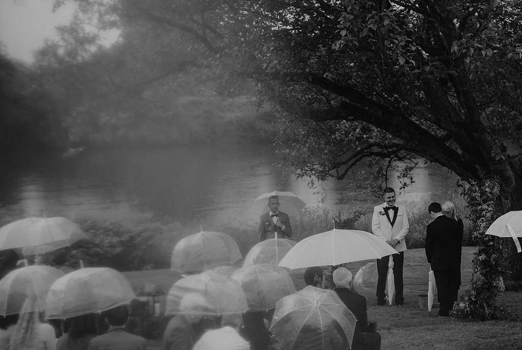 A misty black-and-white capture of the wedding ceremony