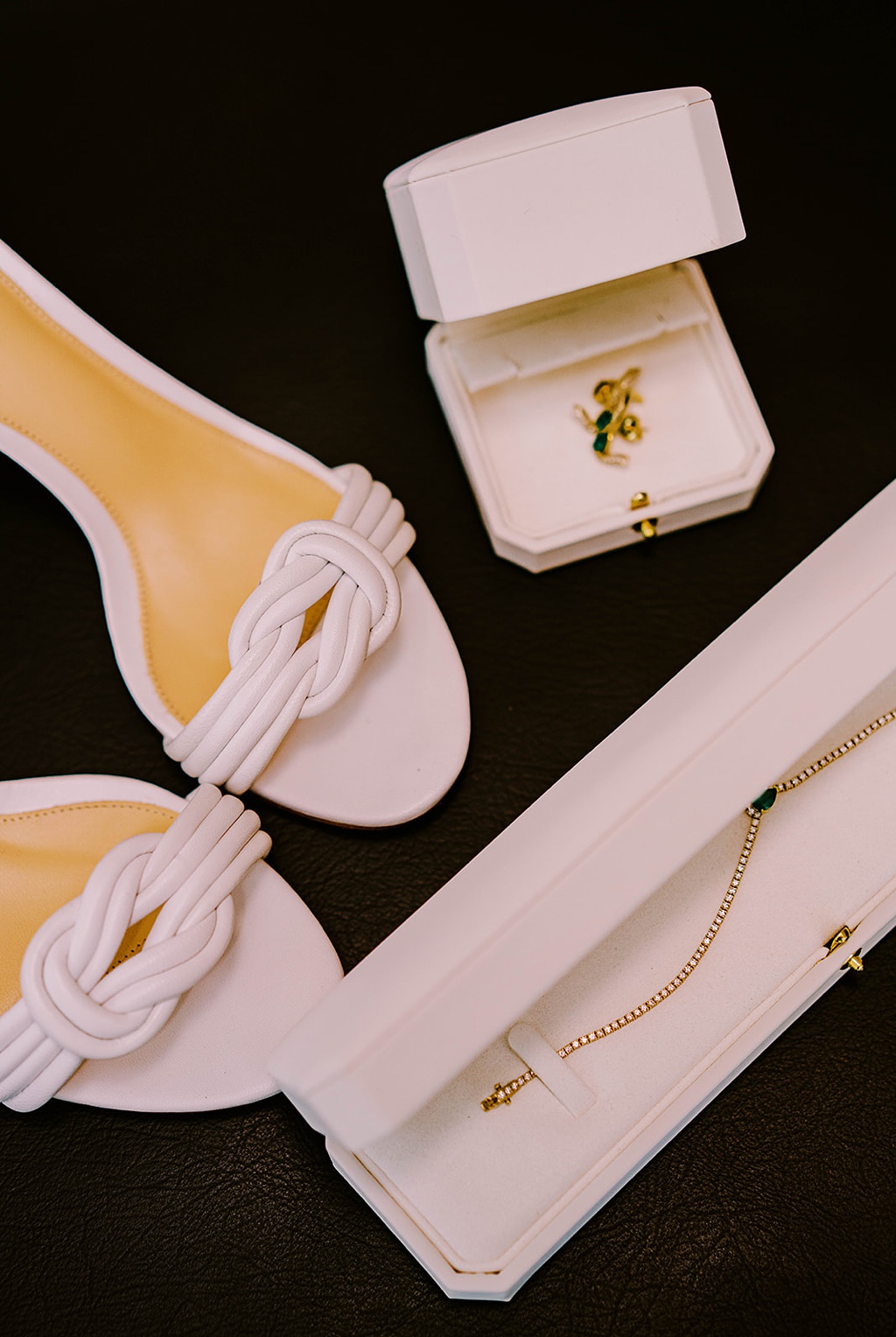 Summer wedding details including open-toed shoes and accessories